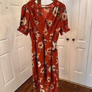 C Rust Floral Maxi Wrap Dress with Cream & Green Accents